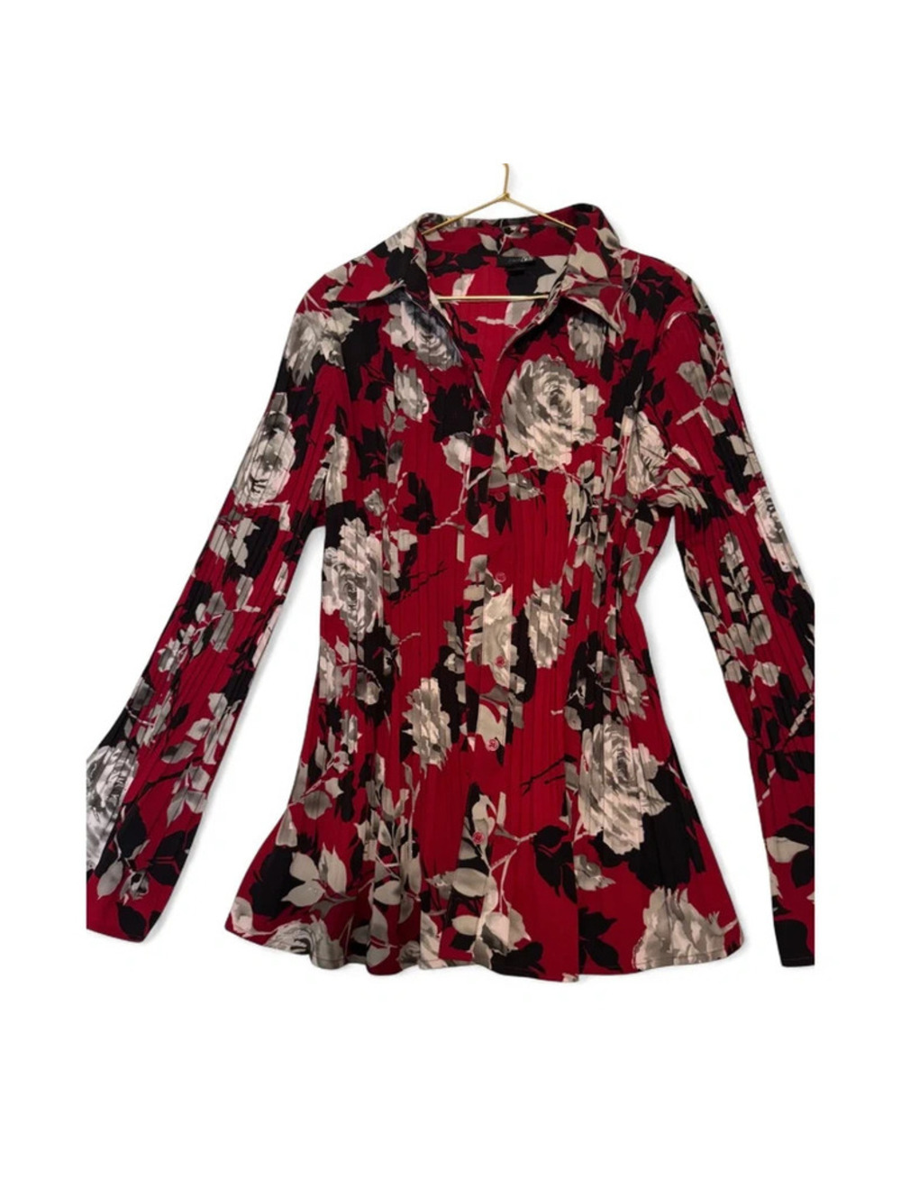 East 5th Woman Red Floral Pleated Button Down Blouse